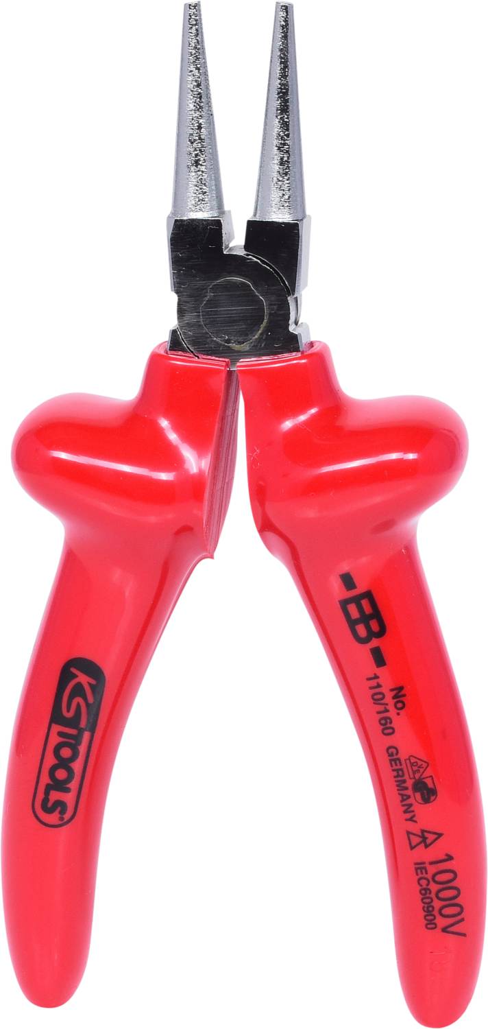 Insulated red pliers with isolated handles, suitable for live working up to 1000 volts. Tool by KS Tools.