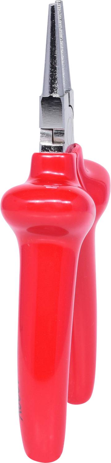 Red pliers with insulated handles and narrow, pointed jaws, suitable for precise electrical work.
