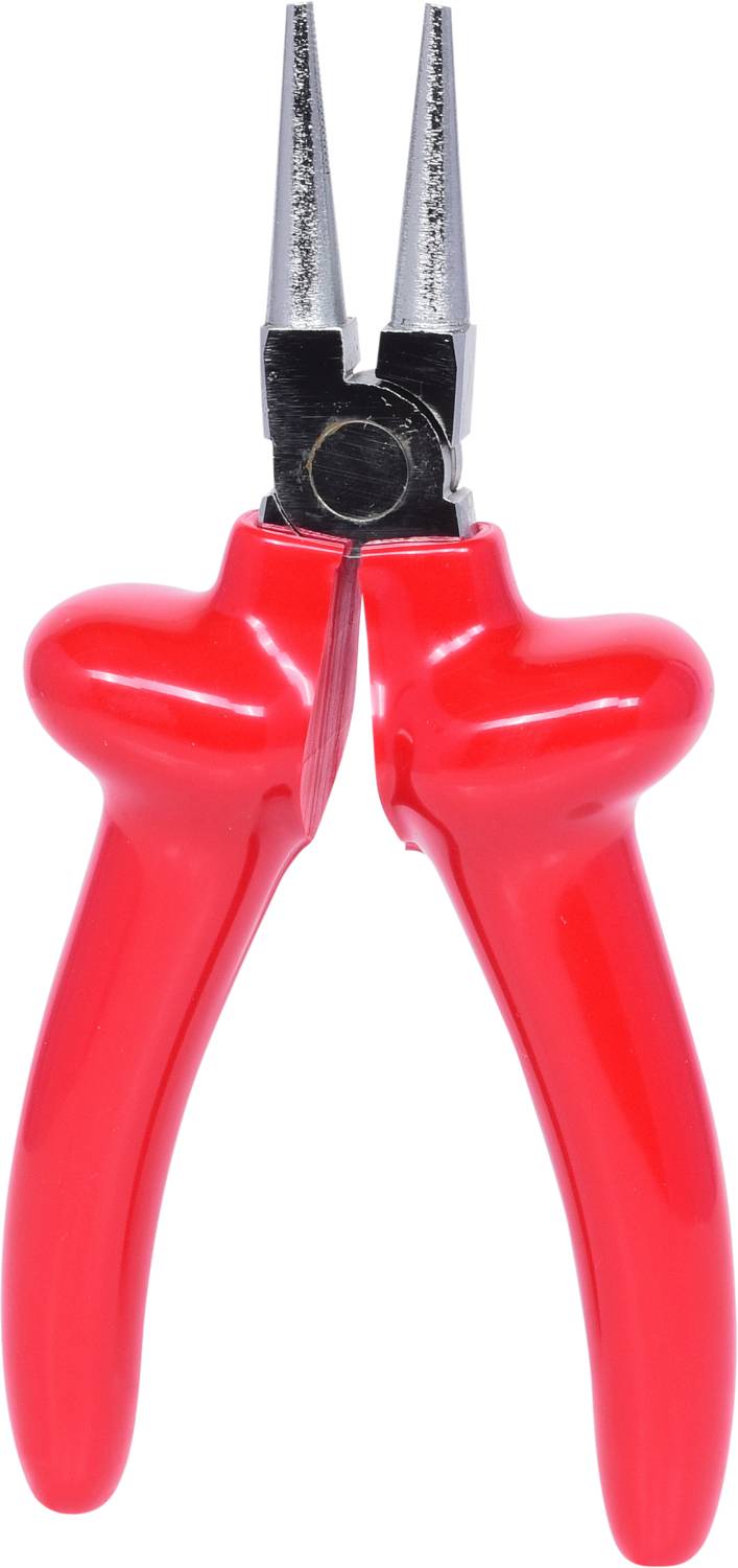 A red pointed pliers with shiny metal tips, suitable for precise work in electrical or precision mechanical applications.
