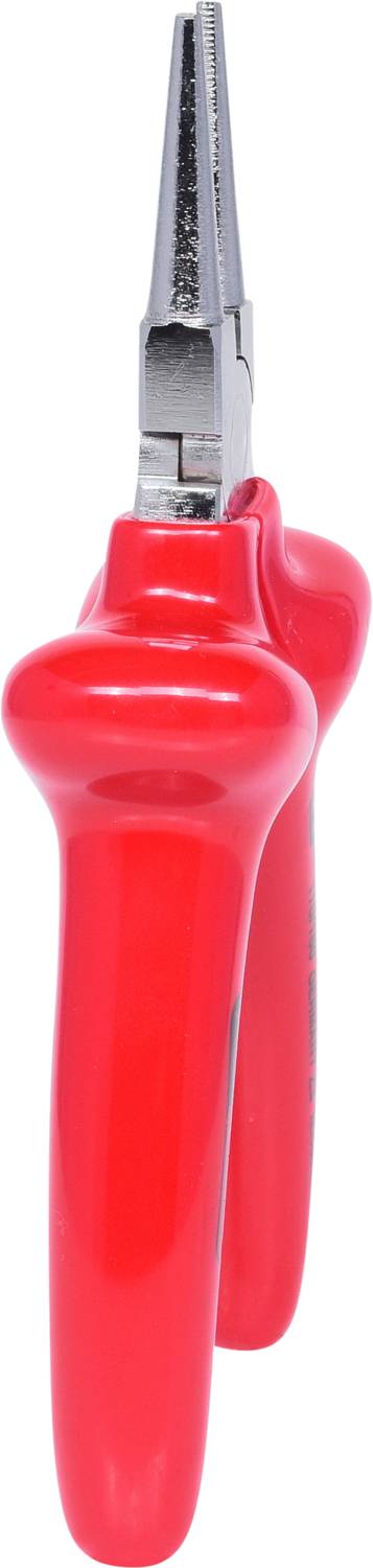 Red pointed pliers with insulated handles, metal tips pointing upwards, suitable for electrical tool work.