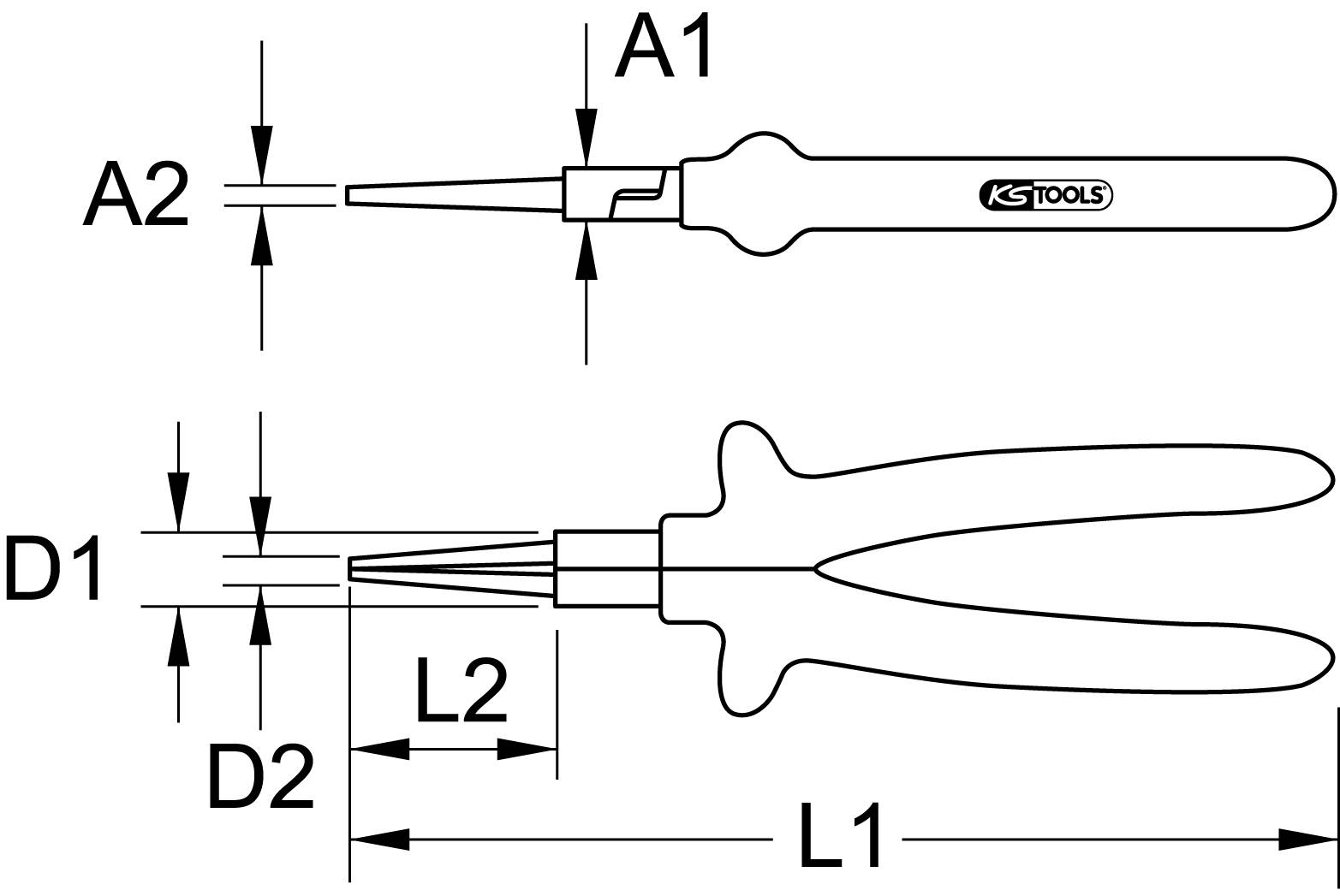 Figure of a needle-nose pliers with dimensions A1, A2, D1, D2, L1, L2, and a KSTools logo on the handle, for technical specifications.
