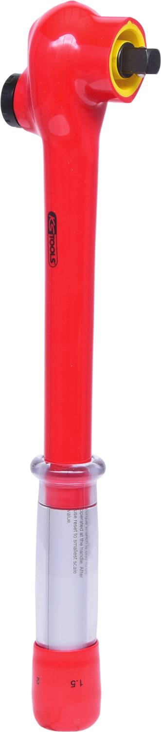 A red torque wrench with a T-handle and black square drive, suitable for precisely tightening bolts and nuts.