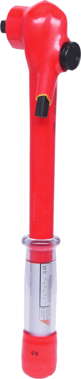 A red torque wrench with a scale for precise tightening of bolts, commonly used in automotive applications.