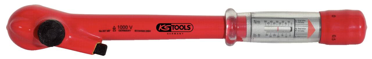 Red torque wrench with 'KS Tools' logo and measurement scale. Suitable for voltages up to 1000 V.