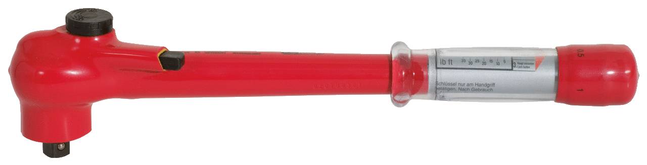 Red torque wrench with measurement scale on the side. Used for precisely tightening bolts and nuts.