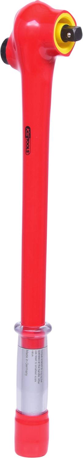 Red torque wrench with metal handle, suitable for precise tightening of screws. Brand name visible on the tool.