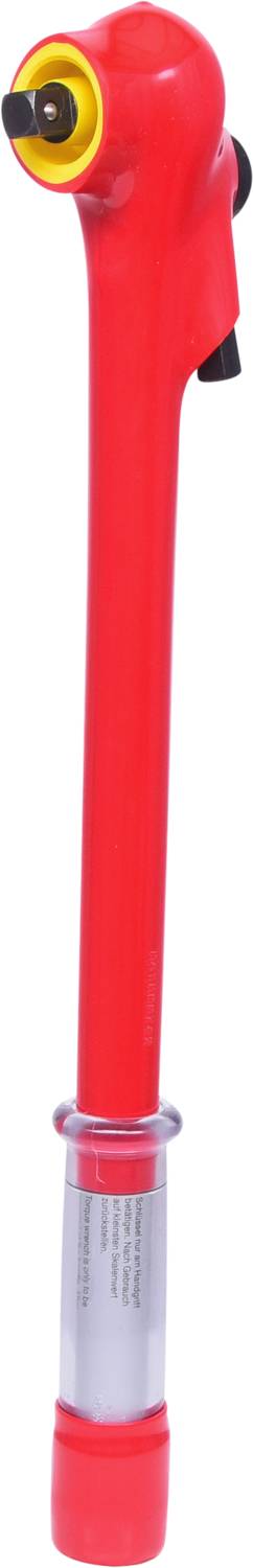 Red corner valve with yellow seal for technical applications, showing the valve head and pipe, neutral background.
