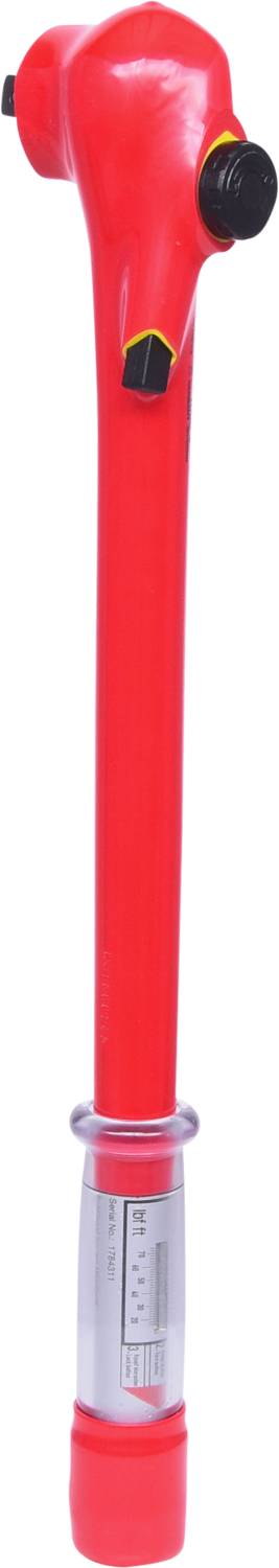 A red torque wrench with a scale at the lower end to indicate torque.