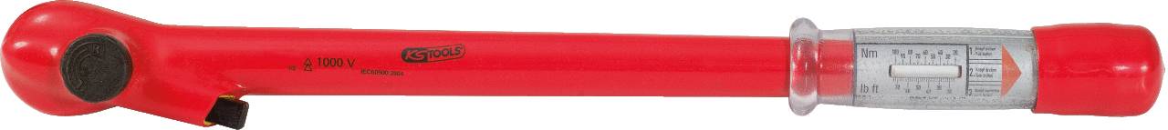 Red manual torque wrench with analogue scale for torque setting.