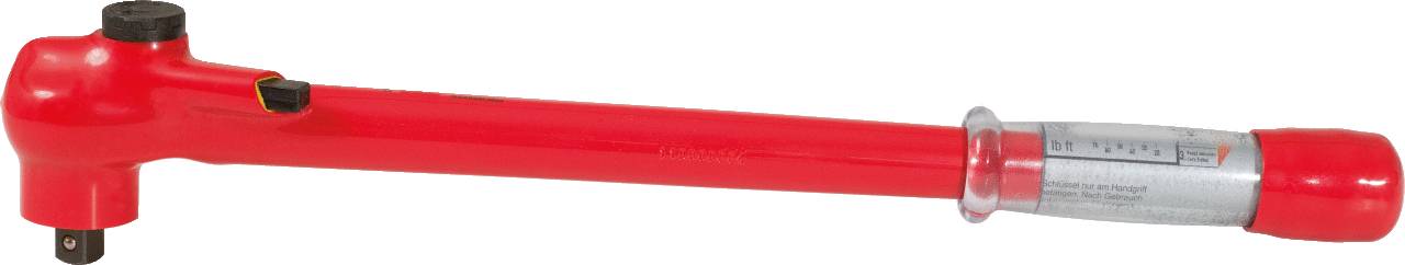 A red torque wrench with a scale for measuring torque.