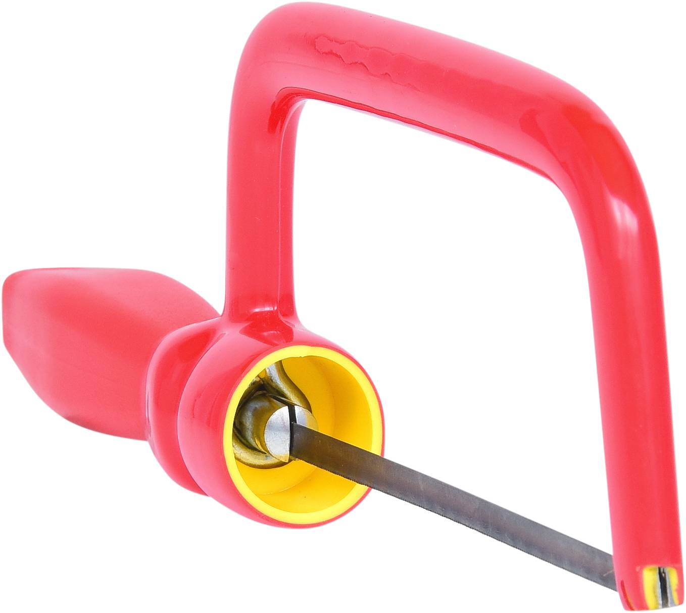 A red pistol grip glass cutter with a yellow inner lining and metal cutting wheel.