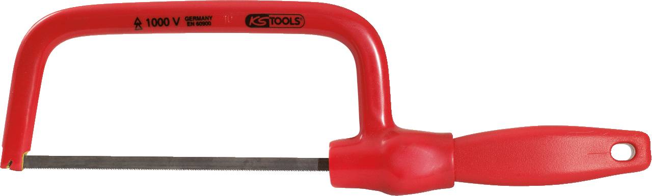 Red bow saw with insulated handle, suitable for work up to 1000 V. Metal blade holder for precision cuts.