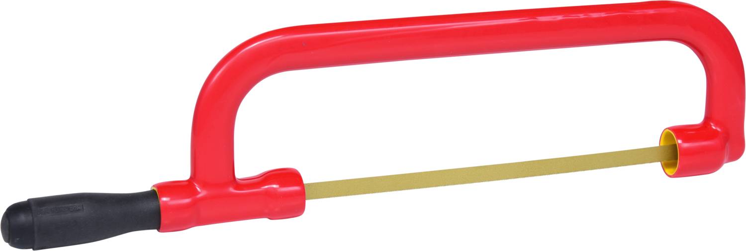 Metal saw with a red frame and black handle, suitable for cutting thin metal.