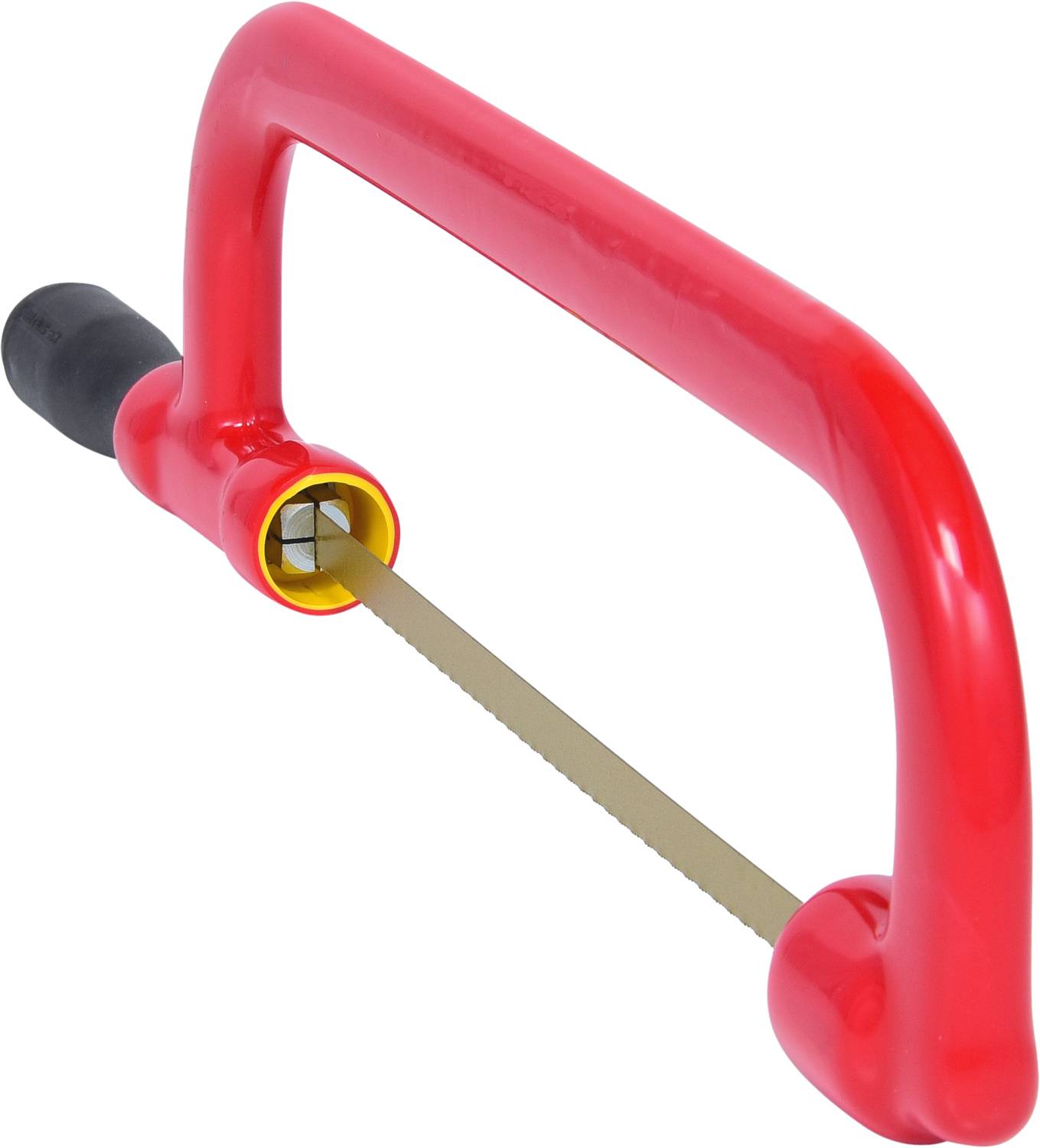 A red bow saw with a black handle and yellow rotating mechanism, suitable for precision cutting of small materials.