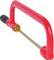 A red bow saw with a black handle and yellow rotating mechanism, suitable for precision cutting of small materials.