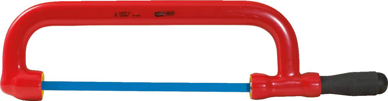 A hacksaw with a red frame and black handle. A blue saw blade is clamped in place, ready to cut.