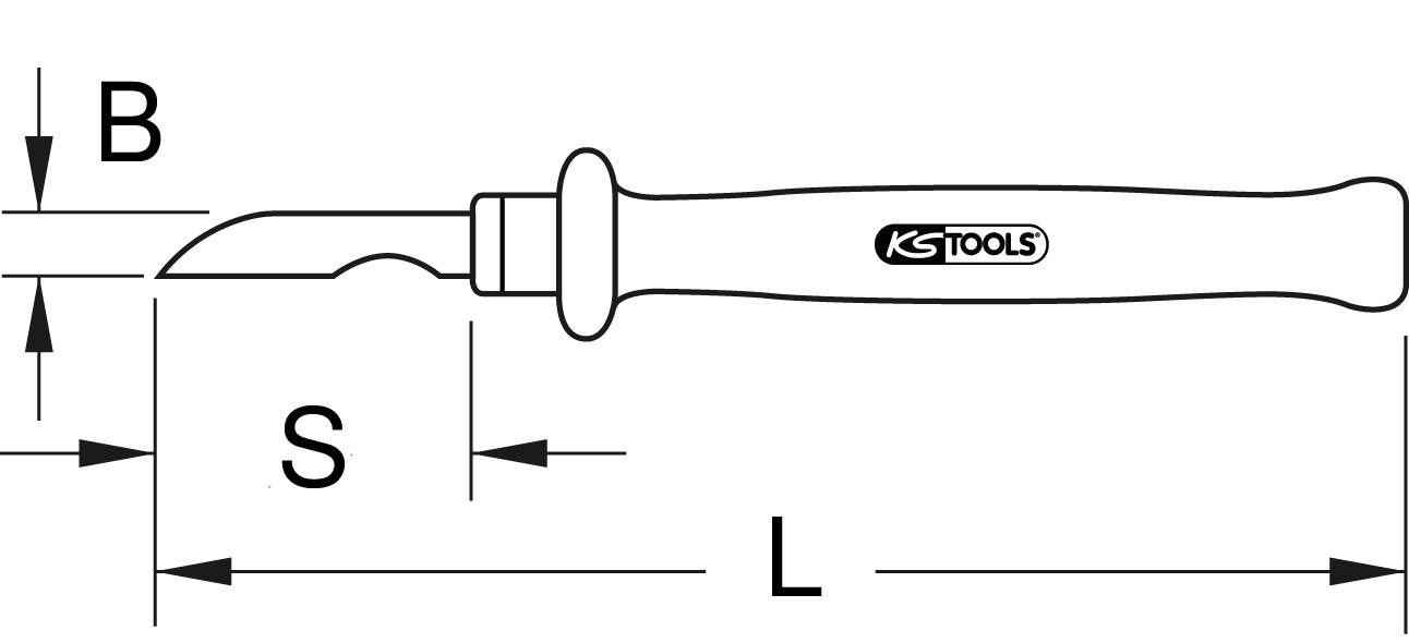 Diagram of a knife with a curved blade. Markings for B: Clamping height, S: Shaft length, L: Total length of the tool.