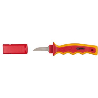 Insulated electrical screwdriver with red and yellow handle and a removable protective cap, suitable for work on electrical installations.