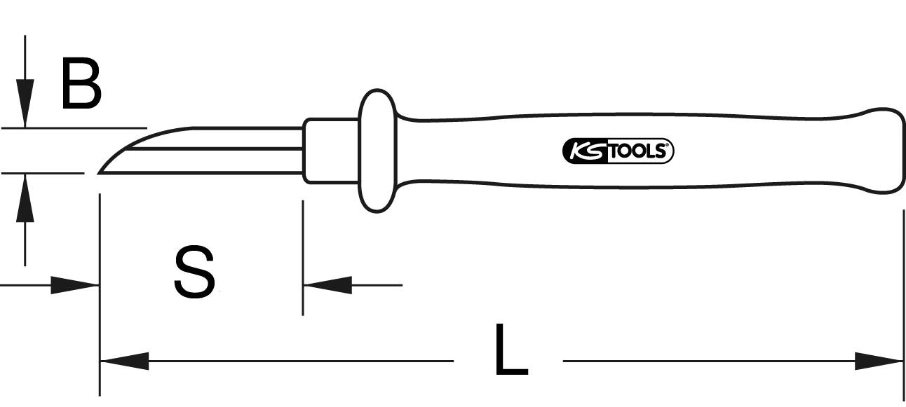 Diagram of a knife with handle, marked with dimensions 'B' (Width), 'S' (Blade Length) and 'L' (Total Length).