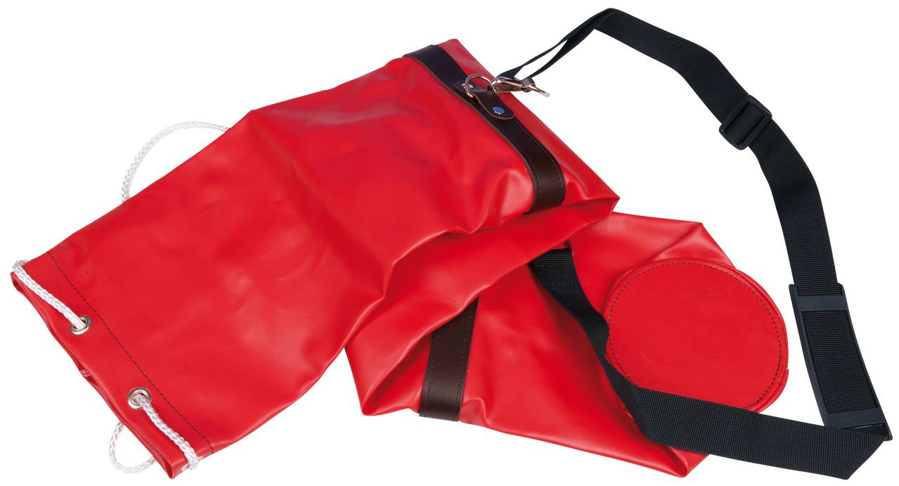 Red inflatable safety device with black webbing and ropes at the ends, used as a rescue aid in water.