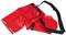Red inflatable safety device with black webbing and ropes at the ends, used as a rescue aid in water.