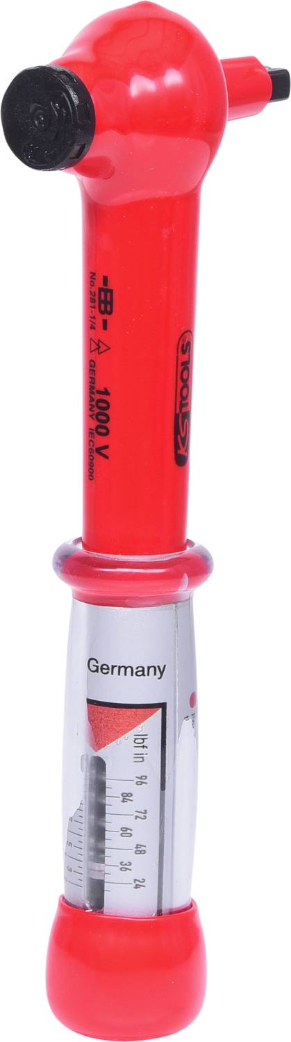 Isolated torque wrench with a red handle and scale, showing newton-metre settings. Manufactured in Germany.