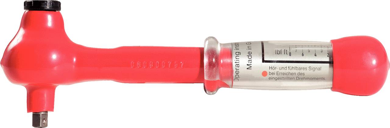 A red torque wrench with a scaled indicator for precise torque adjustment, marked as 'Made in Germany'.