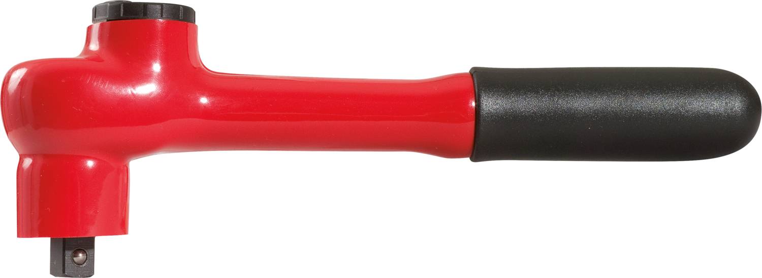 Red torque wrench with a black handle, horizontally positioned. Tool for precise torque control during bolting operations.