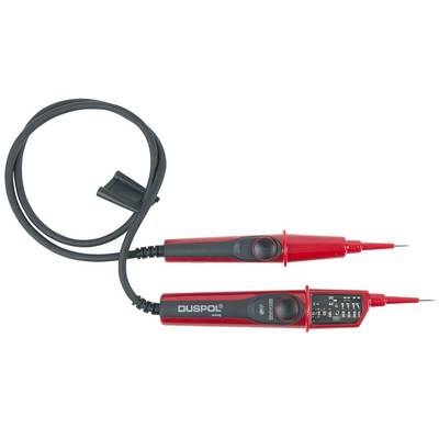 'Voltage tester with two probes and black cable, red-black casing with scale and display, for electrical voltage measurement.'
