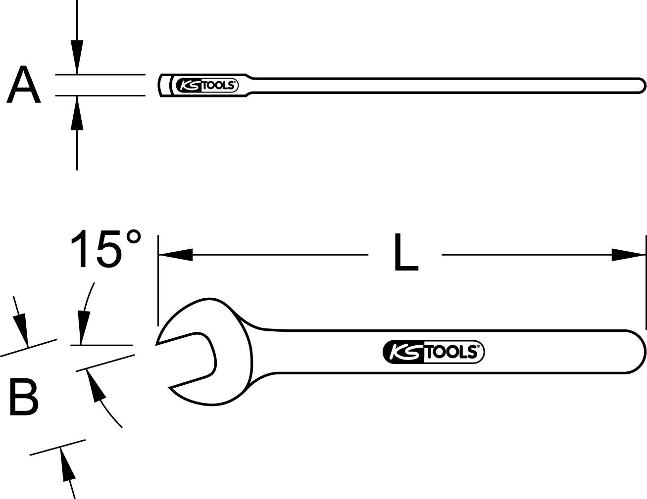 Figure of a KS Tools open-ended spanner. Upper section shows head view with letter A, lower section side view with letter B and a 15° angle.