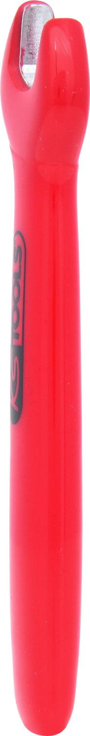 A red knife sharpener with a robust handle and grinding blade. Suitable for sharpening kitchen knives.