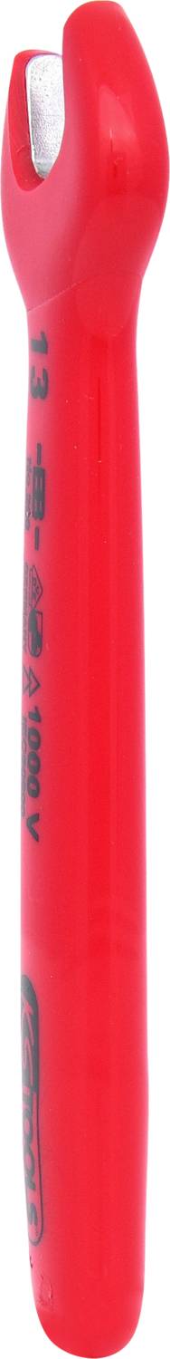 Red adjustable spanner with open jaw, suitable for tightening or loosening screws and nuts.
