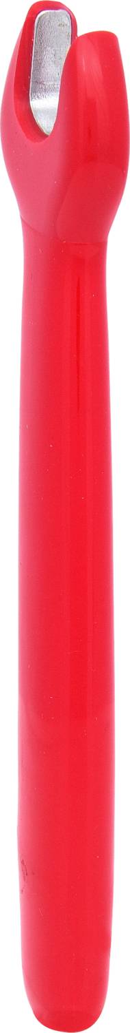 Red plastic bottle opener with metal opening for easy removal of bottle caps.
