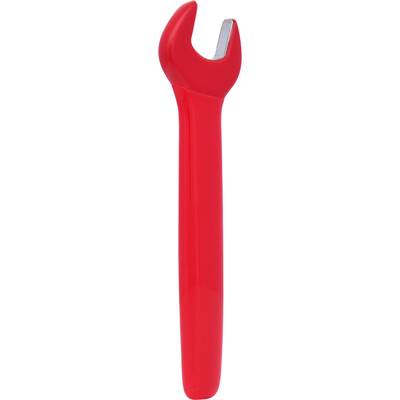 A red spanner with a metal end for gripping nuts and bolts, against a white background.