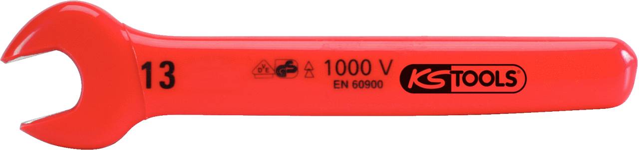 Red insulated fork spanner, suitable for live working up to 1000 V, with inscription 'KS Tools 1000 V EN 60900'.