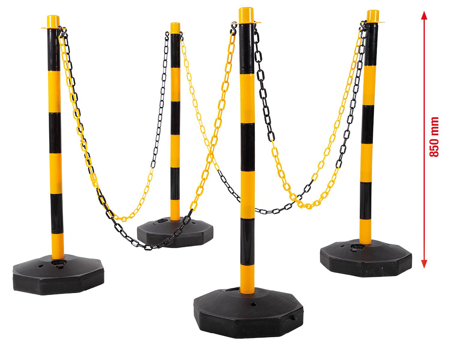 Four black and yellow barrier posts are connected by chains; a red marking indicates a height of 850 mm.