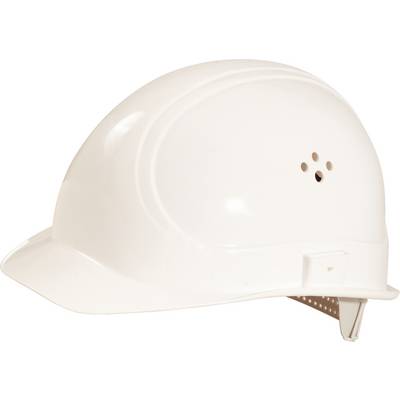 A white plastic construction hard hat, shown from the side. The helmet has ventilation holes and provides protection on construction sites.