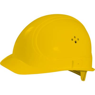 Yellow safety helmet viewed from the side.
