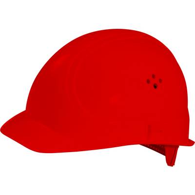 A red safety helmet, viewed from the side. The helmet has ventilation holes and an adjustable strap inside for a secure fit.