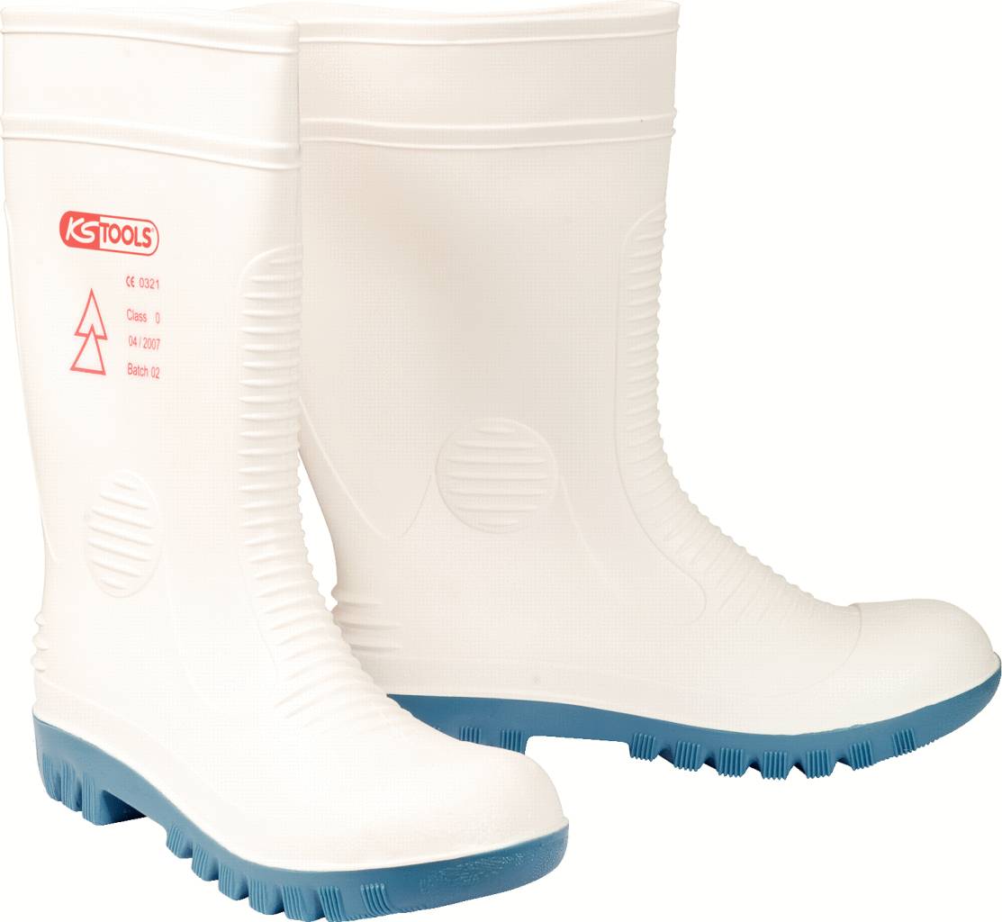 White work safety boots with a blue sole, manufactured by KS Tools, display symbols for protection class and safety level.