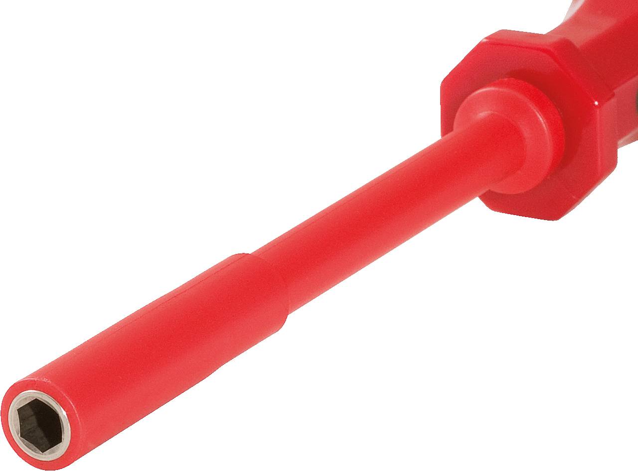 A red screwdriver with a hexagonal head at the end, apparently suitable for fastening or assembling nuts or screws.