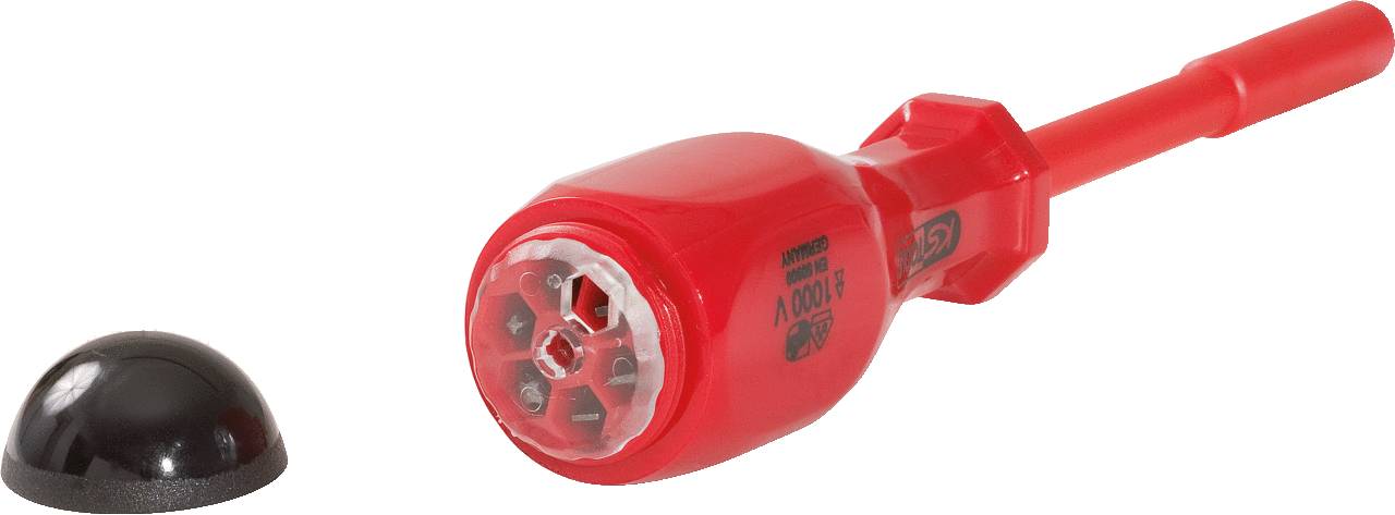 Red electrical test probe with black protective cap, designed for voltage measurements in electrical circuits.