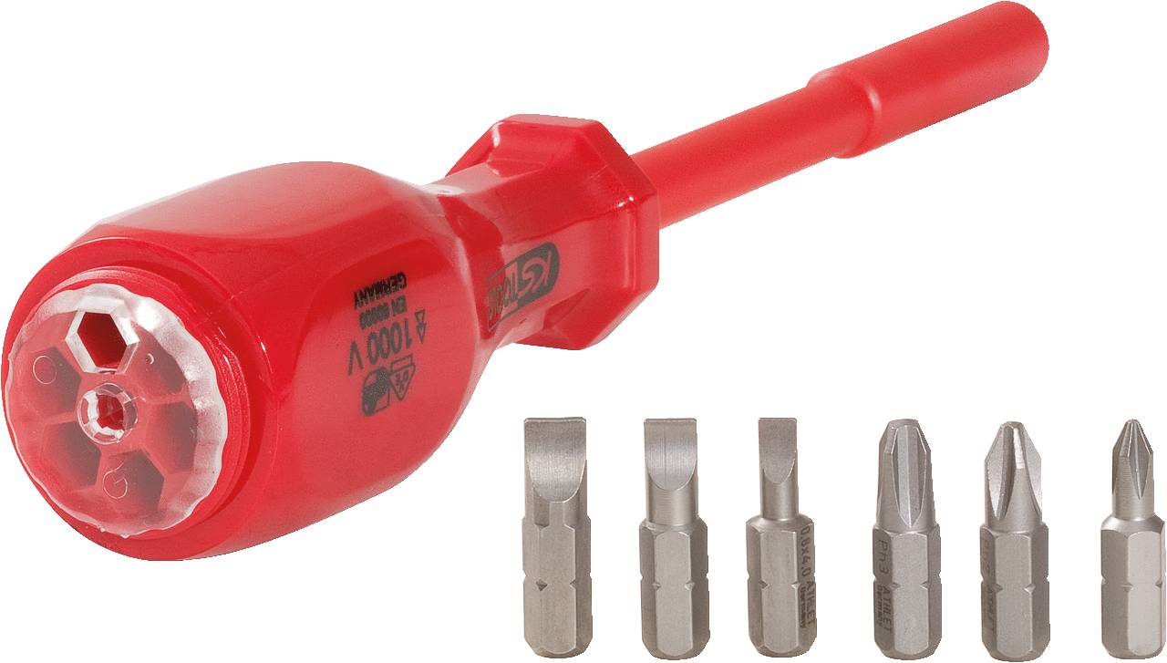 Insulated screwdriver with red handle and six interchangeable bits, suitable for electrical work.