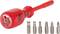 Insulated screwdriver with red handle and six interchangeable bits, suitable for electrical work.