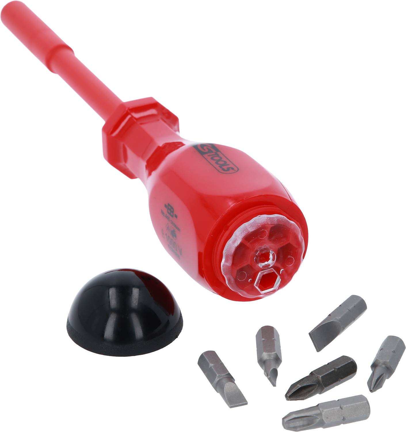 Red screwdriver with interchangeable bits and a removable black cap, showing various bit attachments next to the tool.