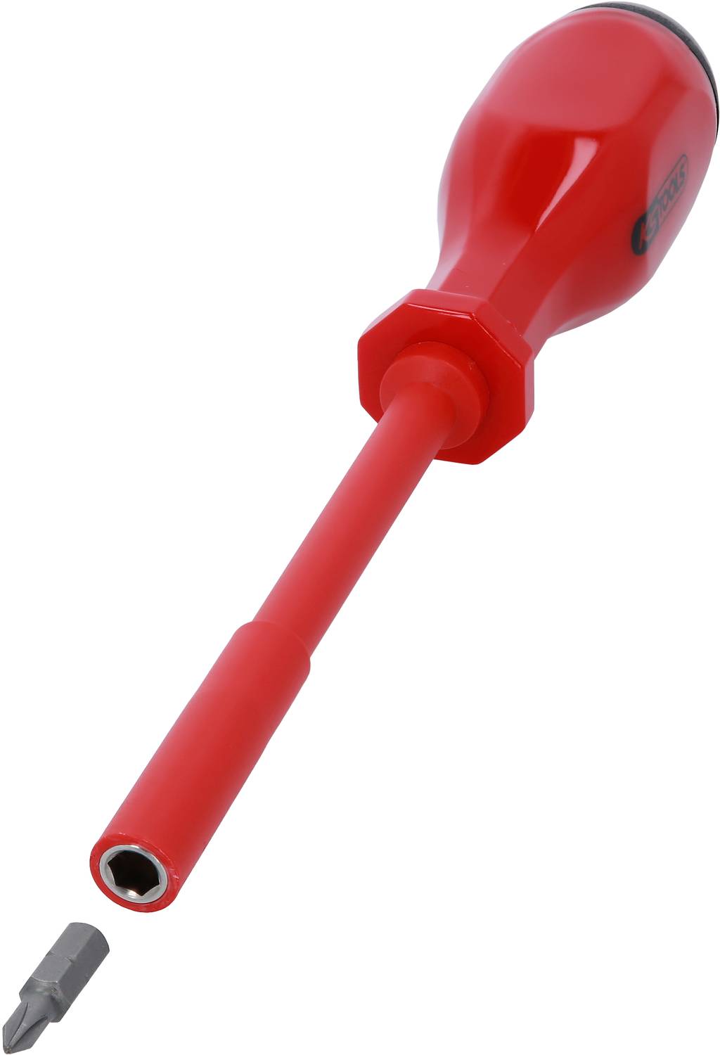 Red screwdriver with a removable bit, which is lying separately beside it.