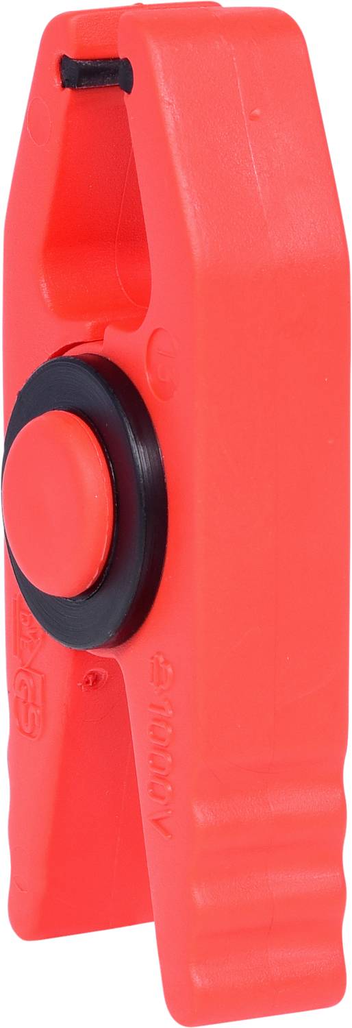 An orange plastic tool with a black press button, possibly a cutter or clamp tool.