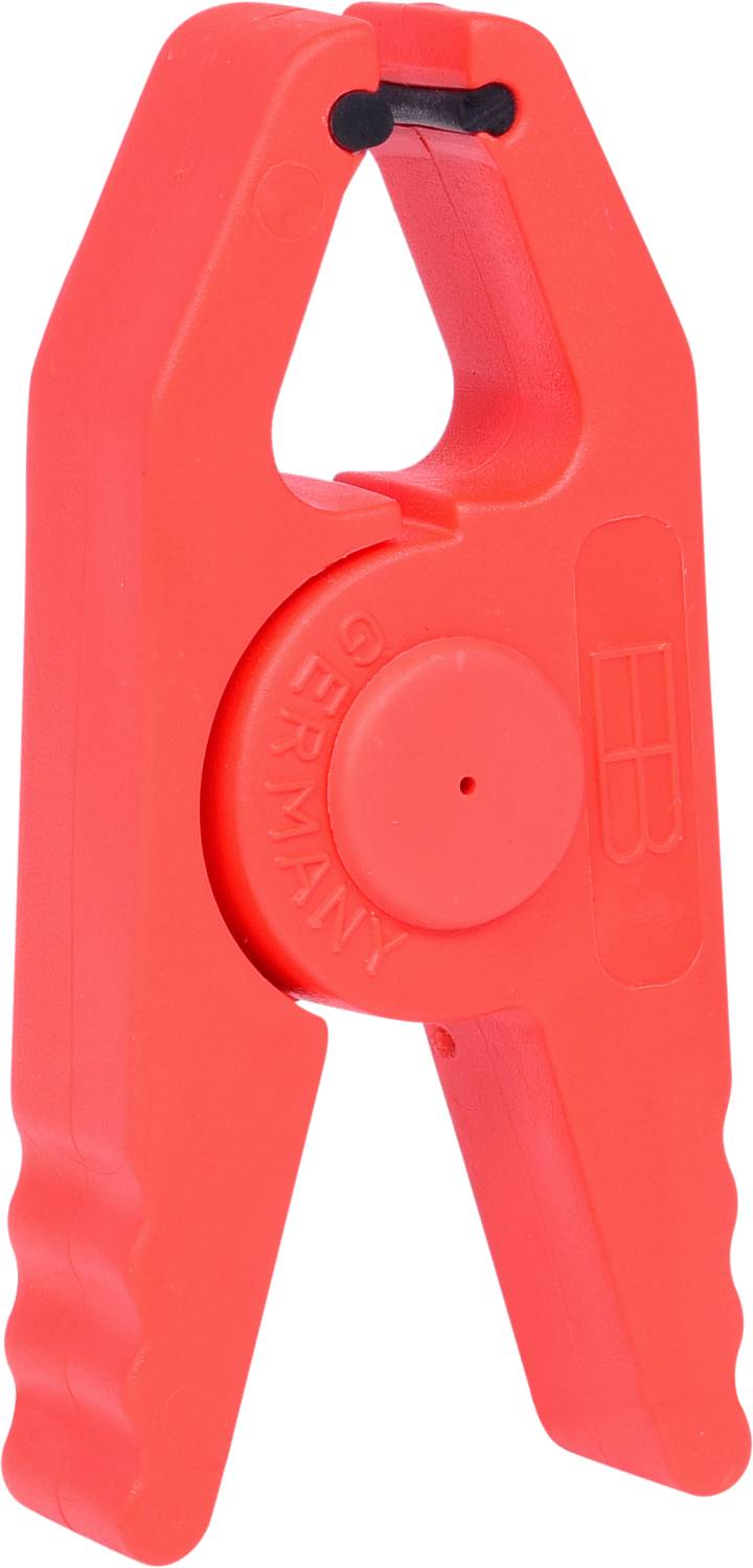 Red plastic tape dispenser with non-slip handle, suitable for convenient and precise unrolling and cutting of adhesive tape.