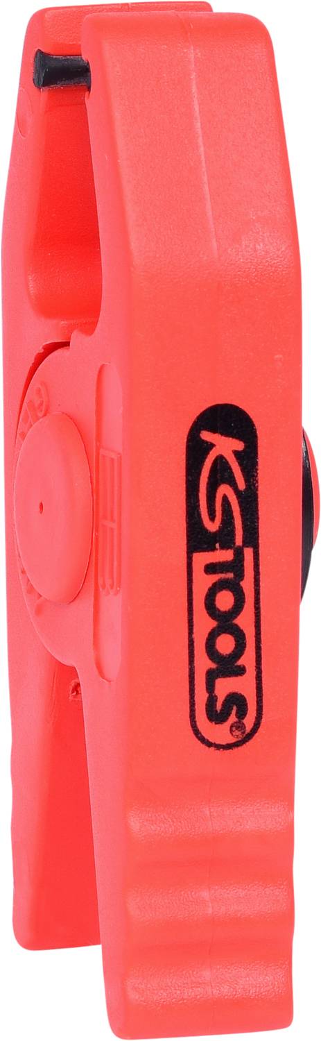 A red plastic blanking cap with the inscription 'KS Tools', used for sealing ventilated yellow gas cylinder valves.