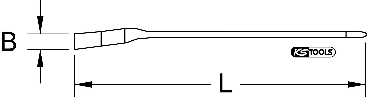 'Dimension B and Length L' shows a tool pin with a wide tip on the left and a narrow, long shape on the right. Marked with KS Tools.